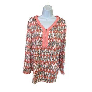 Notations Womens Top Large Multicolor Geometric V-Neck Coral Trim Grannycore